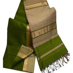 Tussar Cotton Silk Bhagalpuri Saree with Designed Border for women with Free Blouse Piece (Avocado Green) - View 6