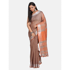 Handloom Linen Cotton Blend Contrast Pallu Bhagalpuri Saree for Women (Branie_Brown-Orange) - View 2