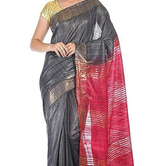 Grey & Cerise Pink Tussar Ghicha Silk Handloom Bhagalpuri Saree with Zari Border