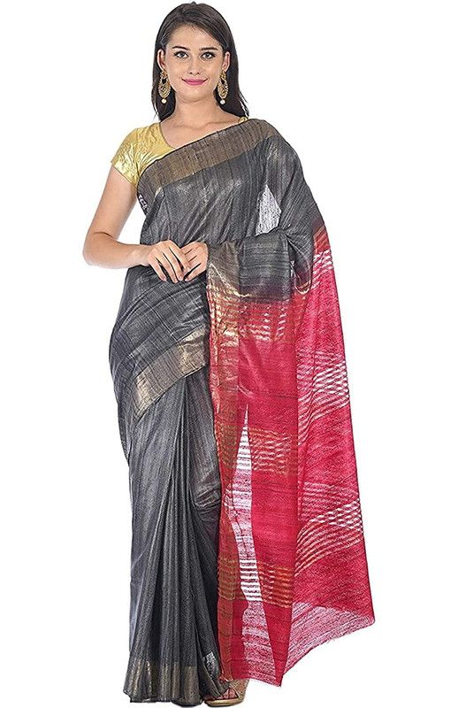 Grey & Cerise Pink Tussar Ghicha Silk Handloom Bhagalpuri Saree with Zari Border