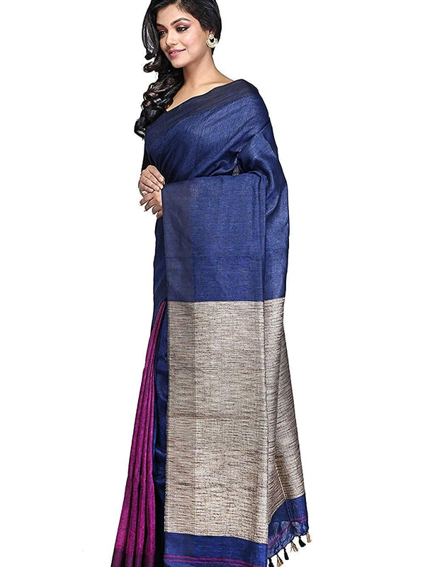 Pure Linen with Ghicha Pallu Dual Color Handloom Saree (Blue-Pink) - View 2