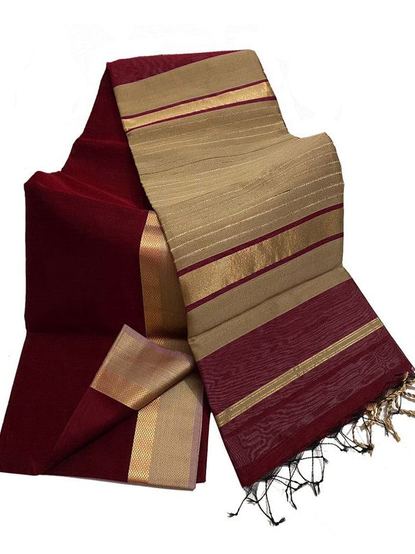 Bhagalpuri Cotton Tussar Silk Saree with Designed Border (Maroon Red)