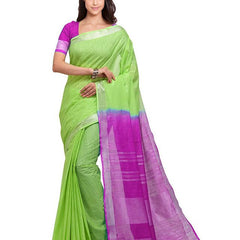 Chartreuse Green & Wild Strawberry women's Bhagalpuri Handloom Linen Cotton Blend Two Dye Saree With Running Unstitched Blouse Piece - View 2