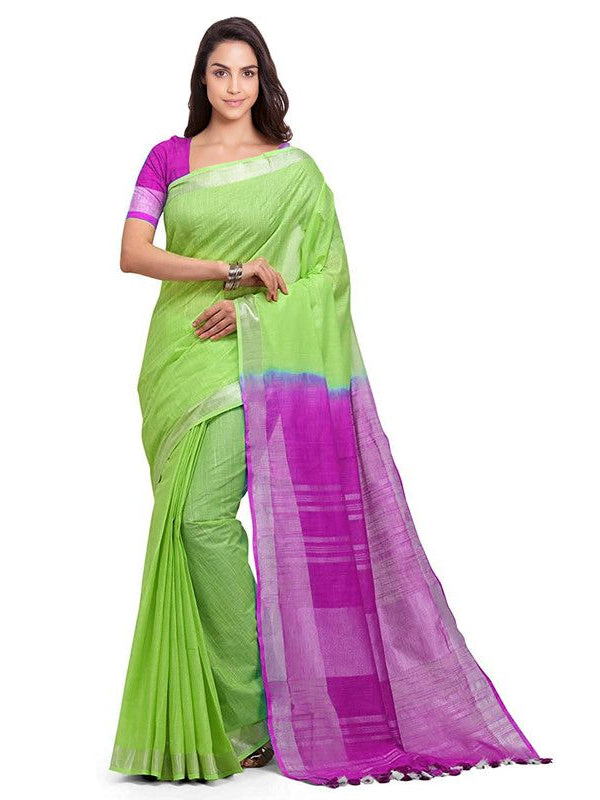 Chartreuse Green & Wild Strawberry women's Bhagalpuri Handloom Linen Cotton Blend Two Dye Saree With Running Unstitched Blouse Piece - View 2
