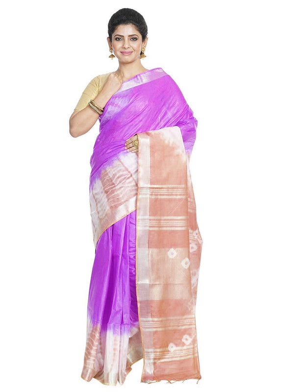 Heliotrope Purple & Tumbleweed Orange women's Bhagalpuri Handloom Cotton Linen Slub Blend Tie Two Dye (Sibory Two Dye) Saree With Running Unstitched Blouse Piece