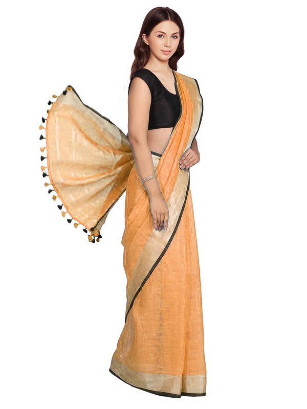 Carrot Orange women's Bhagalpuri Blend Linen Saree With Black Pipine Contrast Blouse Piece - View 2
