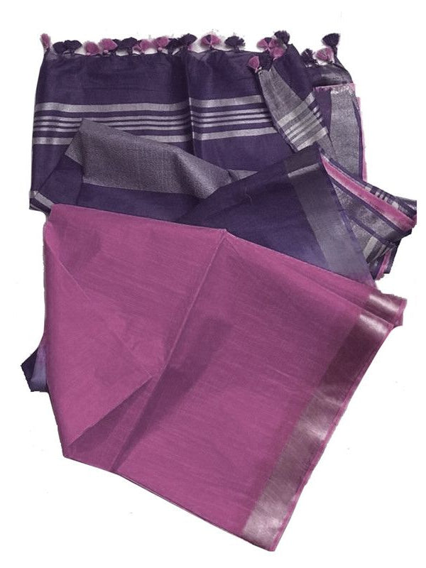 English Violet & Puce Pink women's Ethnic Wear Bhagalpuri Handloom Linen Blend Two Dye Saree With Running Unstitched Blouse Piece - View 3