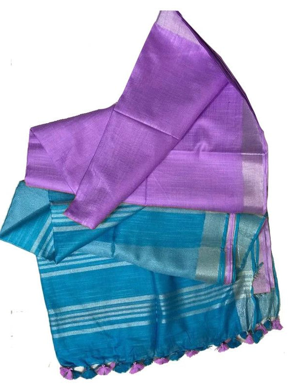 Lavender Purple women's Bhagalpuri Ethnic Wear Handloom Cotton Linen Blend Zari Border Two Dye Saree With Running Unstitched Blouse Piece