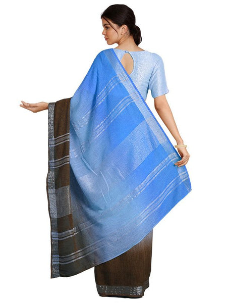 Cyan & Coffee Brown women's Bhagalpuri Handloom Linen Cotton Blend Two Dye Saree With Running Unstitched Blouse Piece - View 2