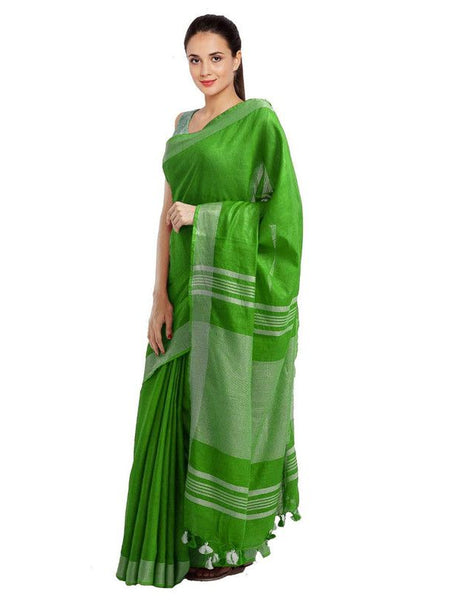 Green women's Bhagalpuri Handloom Blend Linen-Cotton Saree With Running Unstitched Blouse Piece Free Size Variation Of Colors - View 3