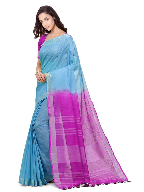 Pacific Cyan & Wild Strawberry women's Handloom Bhagalpuri Linen Blend Two Dye Saree With Running Unstitched Blouse Piece - View 3