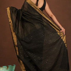 Bhagalpuri Silk Striped Sequins Saree with Zari Border (Black) - View 3