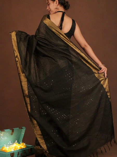 Bhagalpuri Silk Striped Sequins Saree with Zari Border (Black) - View 3