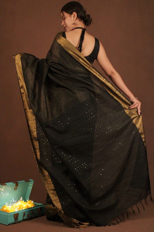 Bhagalpuri Silk Striped Sequins Saree with Zari Border (Black) - View 3
