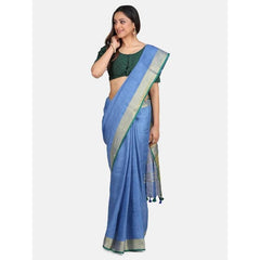 Linen Cotton Blend Contrast Handloom Bhagalpuri Saree for Women (Gold-Cove_Blue-Dark Green )