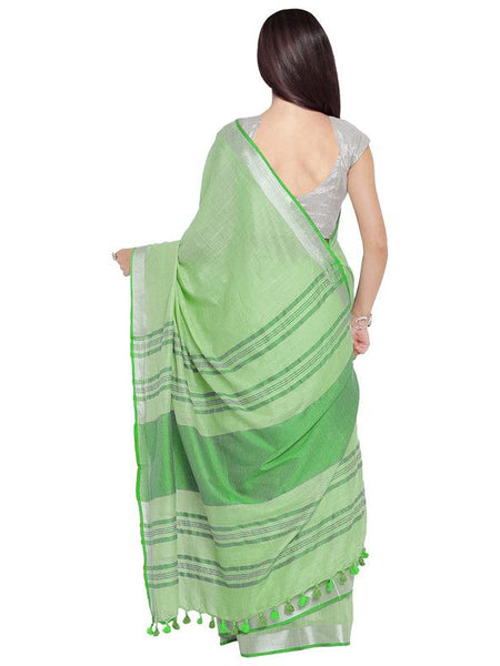 Light Green-Green women's Bhagalpuri Handloom Cotton Linen Blend Contrast Pallu Saree And Unstitched Contrast Blouse Piece - View 4