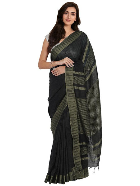 Black-Natural women's Bhagalpuri Handloom Katan Viscous Silk Temple Border Saree Ethnic Wear With Running Unstitched Striped Blouse Piece