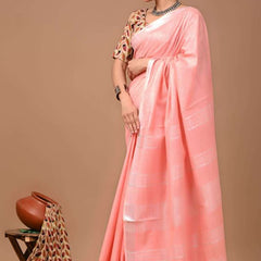 Linen Cotton Blend Handloom Bhagalpuri Saree with Zari Border (12799 Salmon_Pink) - View 2