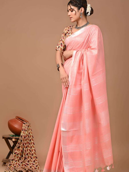 Linen Cotton Blend Handloom Bhagalpuri Saree with Zari Border (12799 Salmon_Pink) - View 2