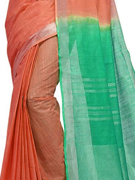 Tangelo Orange & Aquamarine Turquoise women's Bhagalpuri Handloom Linen Slub Blend Two Dye Saree With Running Unstitched Blouse Piece - View 5