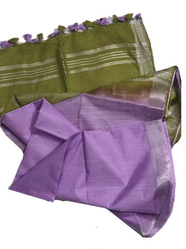 Olive Green & Wisteria Purple women's Bhagalpuri Ethnic Wear Handloom Cotton Linen Blend Zari Border Two Dye Saree With Running Unstitched Blouse Piece