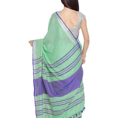 Aquamarine Turquoise-Blue women's Bhagalpuri Handloom Cotton Linen Blend Contrast Pallu Saree And Unstitched Contrast Blouse Piece - View 3