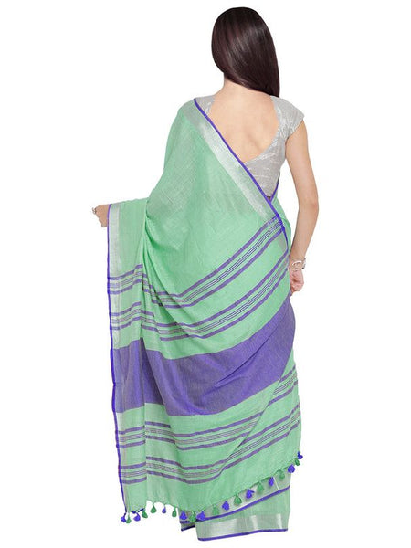 Aquamarine Turquoise-Blue women's Bhagalpuri Handloom Cotton Linen Blend Contrast Pallu Saree And Unstitched Contrast Blouse Piece - View 3
