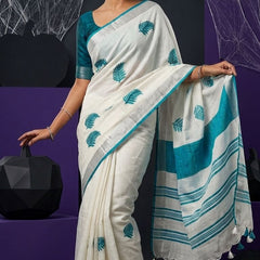 Handwoven Bhagalpuri Linen Blend Embroidered Saree With Contrast Blouse Piece(White_Cyan)