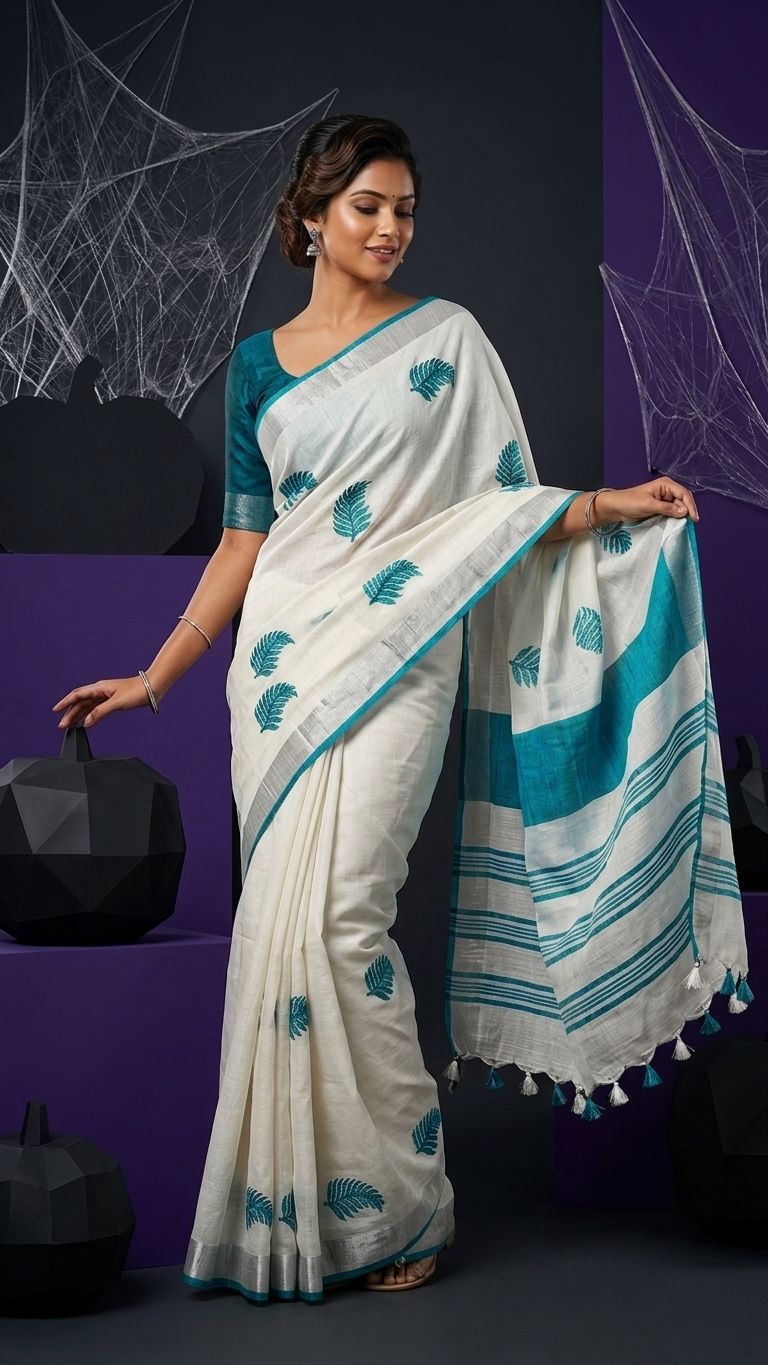 Handwoven Bhagalpuri Linen Blend Embroidered Saree With Contrast Blouse Piece(White_Cyan)