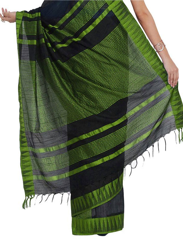 Black-Parrot Green women's Bhagalpuri Handloom Katan Viscous Silk Temple Border Saree Ethnic Wear With Running Unstitched Striped Blouse Piece - View 6