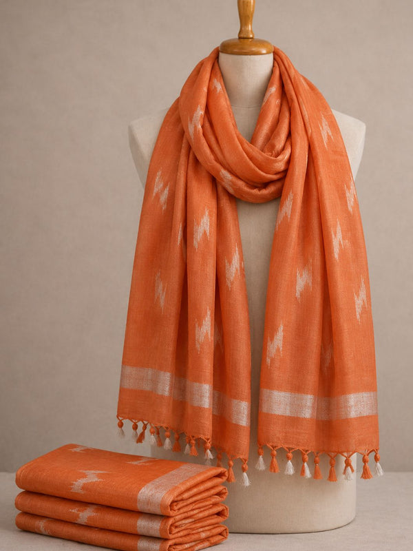 Linen Cotton Blend Zari Weaving Handloom Ikkat Dupatta (12013 Coral_Orange)
