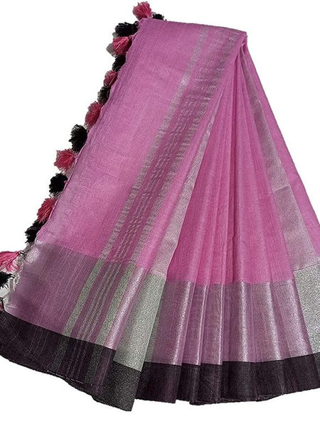 Pink Bhagalpuri Handloom women's Linen Slub Blend Saree With Black Pipin Contrast Blouse Piece