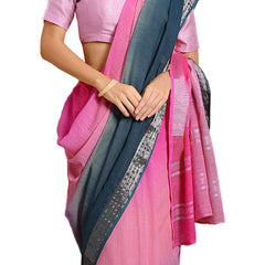 Hot Pink & Cerulean Blue women's Bhagalpuri Handloom Linen Cotton Blend Two Dye Saree With Running Unstitched Blouse Piece - View 3