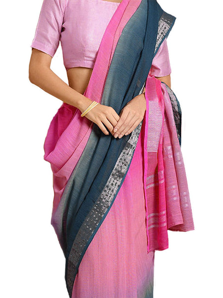 Hot Pink & Cerulean Blue women's Bhagalpuri Handloom Linen Cotton Blend Two Dye Saree With Running Unstitched Blouse Piece - View 3