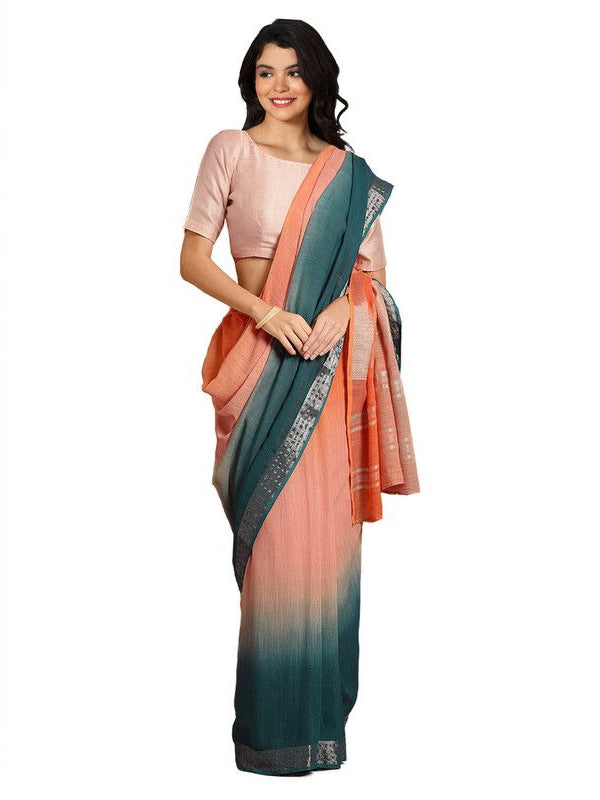 Mango Orange & Teal Green women's Bhagalpuri Handloom Linen Cotton Blend Two Dye Saree With Running Unstitched Blouse Piece - View 3