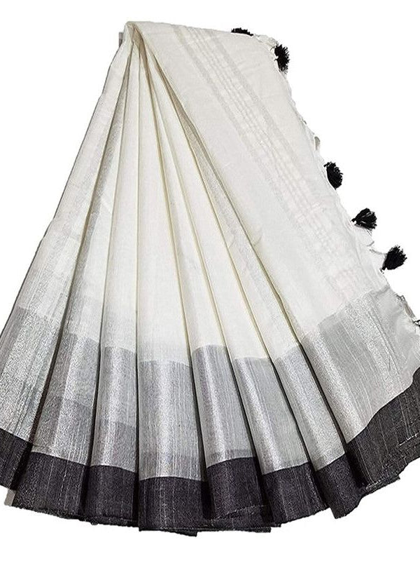 White Bhagalpuri Handloom women's Linen Slub Blend Saree With Black Pipin Contrast Blouse Piece - View 4
