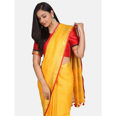 Linen Cotton Blend Contrast Handloom Bhagalpuri Saree for Women (Gold-Gamboge_Yellow-Red) - View 3