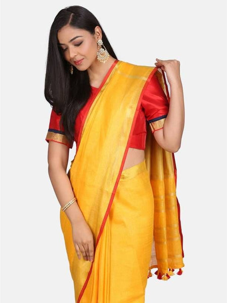 Linen Cotton Blend Contrast Handloom Bhagalpuri Saree for Women (Gold-Gamboge_Yellow-Red) - View 3