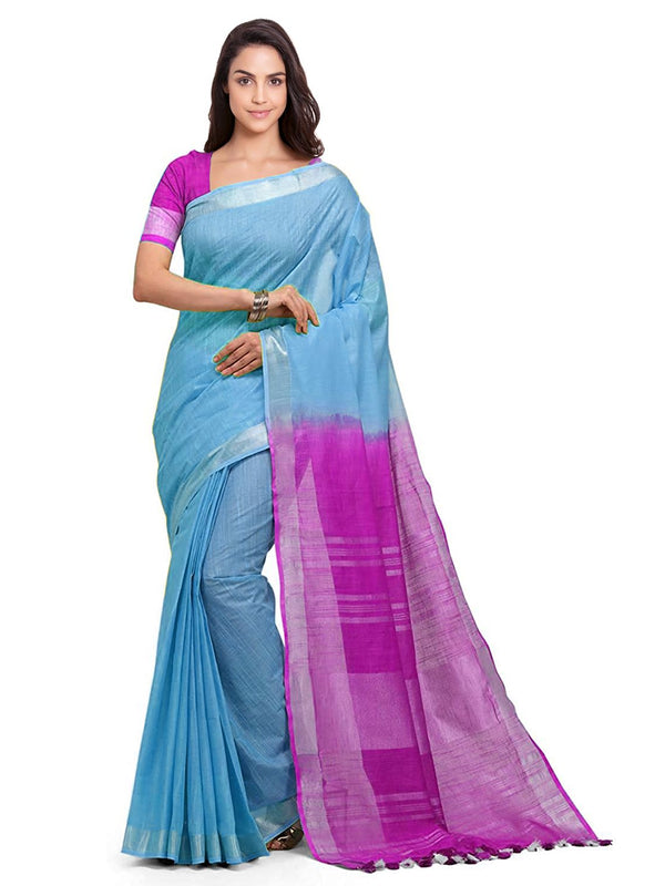 Pacific Cyan & Wild Strawberry women's Handloom Bhagalpuri Linen Blend Two Dye Saree With Running Unstitched Blouse Piece