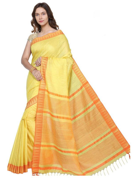 Canary Yellow women's Bhagalpuri Handloom Kota Silk Temple Border Saree And Variation Of Colors With Striped Blouse Piece