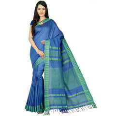 Blue women's Bhagalpuri Handloom Kota Silk Temple Border Saree And Variation Of Colors With Striped Blouse Piece