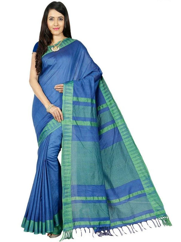 Blue women's Bhagalpuri Handloom Kota Silk Temple Border Saree And Variation Of Colors With Striped Blouse Piece