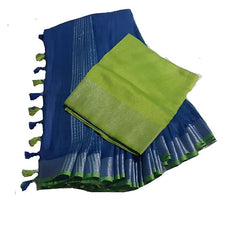 Blue-Parrot Green women's Handloom Bhagalpuri Cotton Linen Blend Saree Ethnic Wear With Contrast Unstitched Blouse Piece - View 2