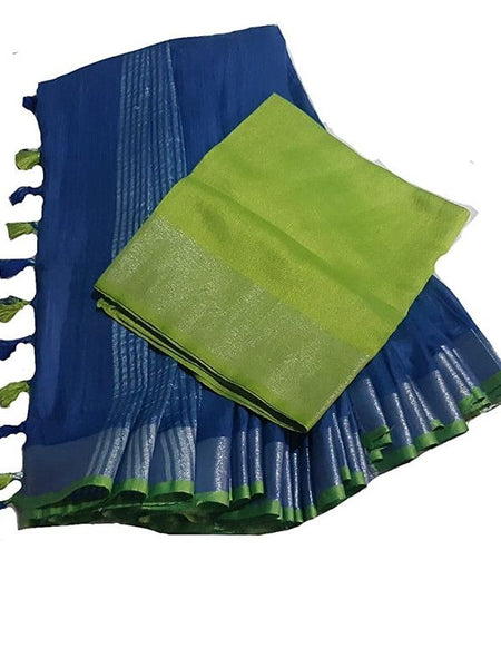 Blue-Parrot Green women's Handloom Bhagalpuri Cotton Linen Blend Saree Ethnic Wear With Contrast Unstitched Blouse Piece - View 2