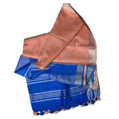 Denim Blue & Tangerine Oprange women's Ethnic Wear Bhagalpuri Handloom Cotton Slub Blend Two Dye Saree With Running Unstitched Blouse Piece - View 6