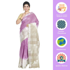 Mauve Purple & Yuma Tan women's Bhagalpuri Handloom Cotton Linen Slub Blend Tie Two Dye (Sibory Two Dye) Saree With Running Unstitched Blouse Piece - View 2