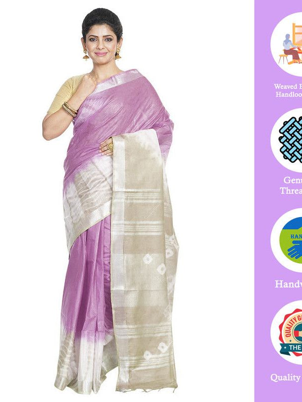 Mauve Purple & Yuma Tan women's Bhagalpuri Handloom Cotton Linen Slub Blend Tie Two Dye (Sibory Two Dye) Saree With Running Unstitched Blouse Piece - View 2
