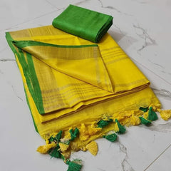 Handloom Bhagalpuri Linen Cotton Blend Contrast Border Saree for Women (12628 Gold-Yellow-Green) - View 4