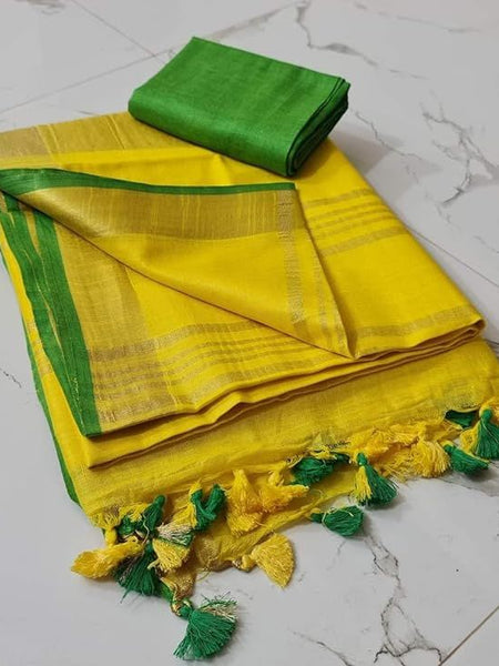 Handloom Bhagalpuri Linen Cotton Blend Contrast Border Saree for Women (12628 Gold-Yellow-Green) - View 4