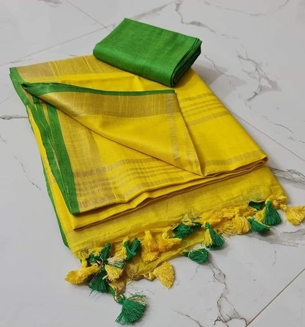Handloom Bhagalpuri Linen Cotton Blend Contrast Border Saree for Women (12628 Gold-Yellow-Green) - View 4